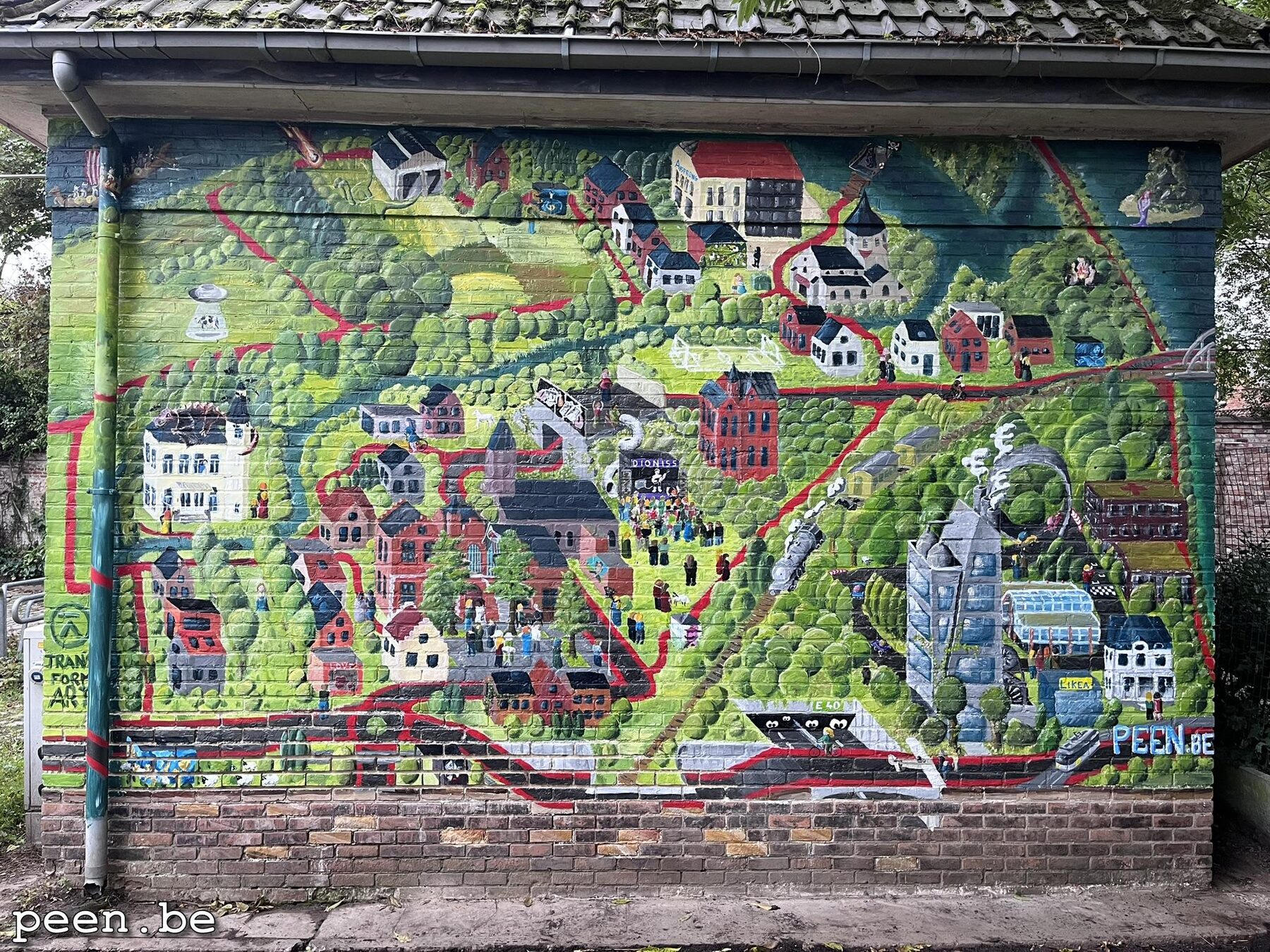 Colourful fantasy mural of Afsnee and Sint-Denijs-Westrem on a utility cabin